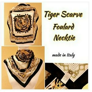Vintage Italy Scarve Foulard Tie Gold Black Cream Tiger